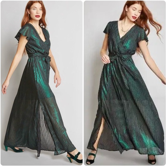 Modcloth Women’s Emerald Green Metallic Formal Flowy Whimsical Maxi Dress XSmall - Picture 1 of 13